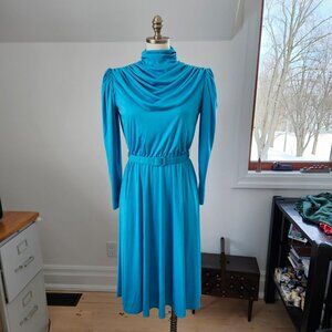 Vintage 70s Teal Draped Cowl Neck Dress